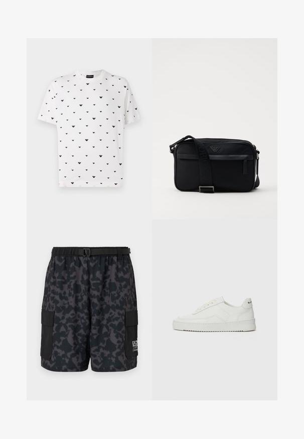Hvit t-skjorte med korte ermer som har et gjentatt svart V-formet mønster, laget av myk bomull med løs passform og rund hals.; Svarte shorts med et mørkt camm mønster, elastisk midjebånd, sidelommer og belte med spenne. Laget av lett og komfortabelt materiale.; Hvite lærersneakers med en jevn overflate, rund tå, flate lisser og en teksturert såle. Har en subtil logo på hælen.; Svart nylon skulderveske med en kontrasterende stropp, slank rektangulær form, logo-detalj og en glidelåslomme på forsiden.