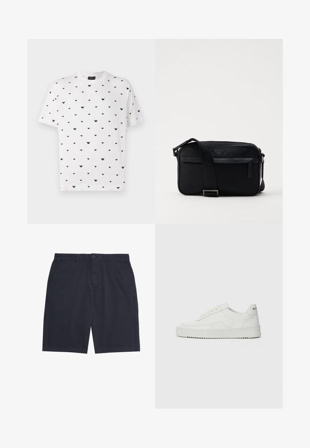 Hvid t-shirt med korte ærmer, der har et gentaget sort V-formet mønster. T-shirten er lavet af blød bomuld med en afslappet pasform og rund halsudskæring.; Marineblå herre-casual shorts med knaplukning, bæltestropper og sidelommer, lagt fladt på en hvid baggrund.; Hvide lædersneakers med en glat overflade, rund tå, flade snørebånd og en tekstureret sål. Har et diskret logo på hælen.; Sorte nylon skuldertaske med en kontrasterende rem, slank rektangulær form, logo detaljer og en lynlåslomme på forsiden.