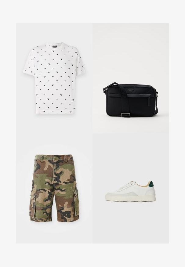 Hvit t-skjorte med korte ermer som har et gjentatt svart V-formet mønster, laget av myk bomull med løs passform og rund hals.; Kamuflasje cargo-short med to sidelommer og beltehemper, frontlås med knapp og sydd detaljer.; Hvit sneakers med semsket detaljer, rund tå, flate snøringer og en kremfarget gummisåle. Har grønn merking på hælen.; Svart nylon skulderveske med en kontrasterende stropp, slank rektangulær form, logo-detalj og en glidelåslomme på forsiden.