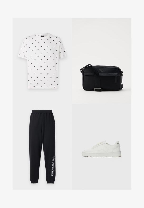 White short-sleeve t-shirt featuring a repeated black V-shaped pattern, made of soft cotton with a relaxed fit and round neckline.; Black sweatpants made from soft fabric, featuring a tapered design and elastic cuffs. "No Problemo" printed in white down the left leg.; White leather sneaker with a smooth finish, round toe, flat laces, and a textured sole. Features a subtle logo on the heel.; Black nylon shoulder bag featuring a contrasting strap, sleek rectangular shape, logo detail, and a zipper pocket on the front.