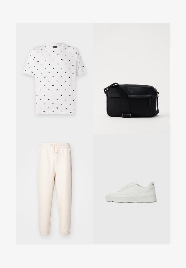 White short-sleeve t-shirt featuring a repeated black V-shaped pattern, made of soft cotton with a relaxed fit and round neckline.; Cream-colored jogger pants with a textured pattern, elastic waistband with drawstring, and ribbed cuffs at the ankles.; White leather sneaker with a smooth finish, round toe, flat laces, and a textured sole. Features a subtle logo on the heel.; Black nylon shoulder bag featuring a contrasting strap, sleek rectangular shape, logo detail, and a zipper pocket on the front.