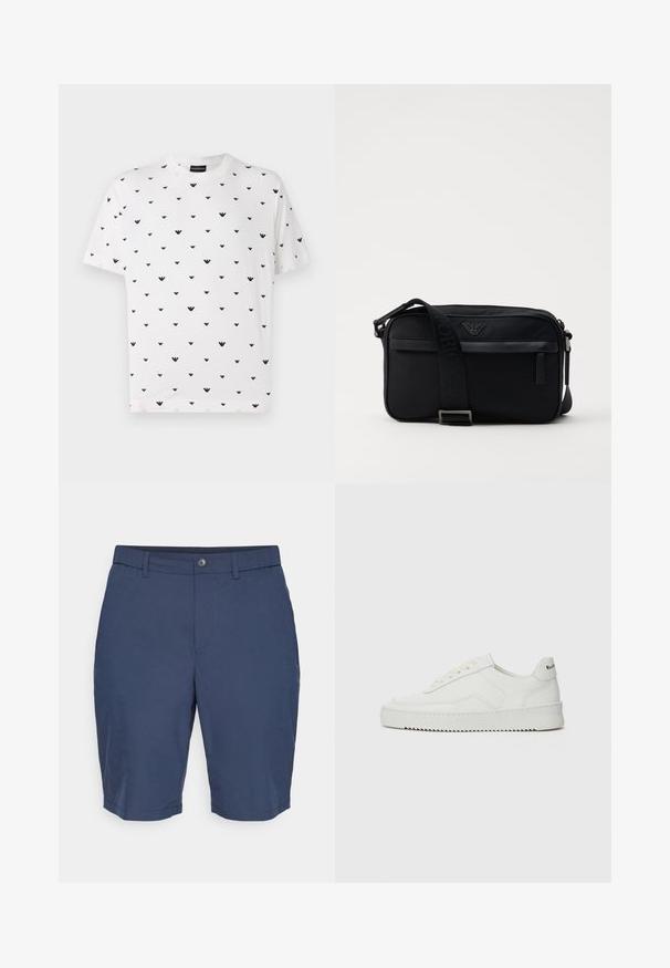 Valkoinen lyhythihainen t-paita, jossa on toistuva musta V-muotoinen kuvio. Valmistettu pehmeästä puuvillasta, jossa on rento istuvuus ja pyöreä pääntie.; Tummansinisiä shortseja napin kiinnityksellä ja vyölenkeillä. Valmistettu kevyestä kankaasta, jossa on puhtaat linjat ja suora leikkaus.; Valkoinen nahkakenkä, jossa on sileä pinta, pyöreä kärki, tasaiset nauhat ja teksturoitu pohja. Sisältää huomaamattoman logon kantapäässä.; Musta nailoninen olkalaukku, jossa on kontrastivärinen hihna, tyylikkään suorakulmainen muoto, logotieto ja vetoketjullinen tasku edessä.