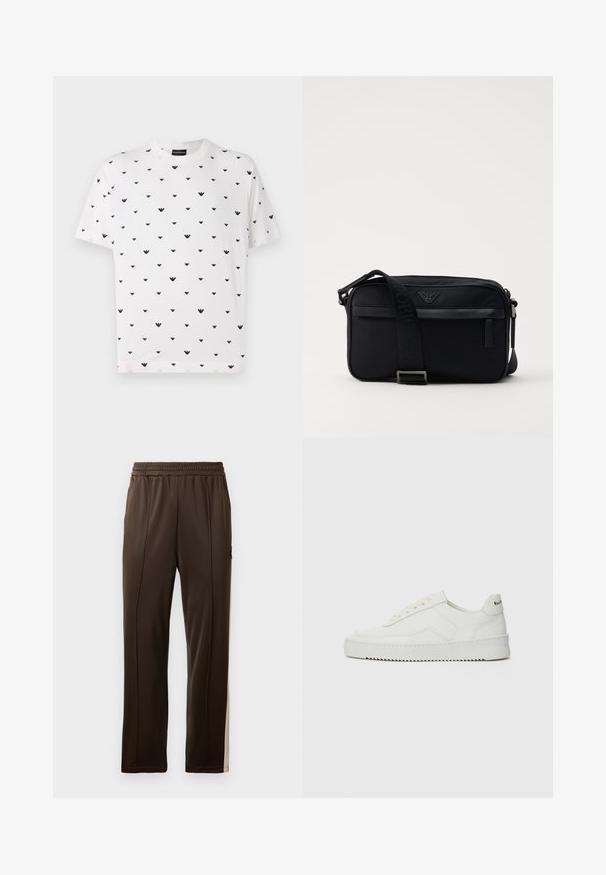 Valkoinen lyhythihainen t-paita, jossa on toistuva musta V-muotoinen kuvio. Valmistettu pehmeästä puuvillasta, jossa on rento istuvuus ja pyöreä pääntie.; Ruskeat urheiluverkkarit, joissa on joustava vyötärö, vaaleammat sivusuoristeet ja tasku, jossa on pieni logo. Sujuva pinta.; Valkoinen nahkakenkä, jossa on sileä pinta, pyöreä kärki, tasaiset nauhat ja teksturoitu pohja. Sisältää huomaamattoman logon kantapäässä.; Musta nailoninen olkalaukku, jossa on kontrastivärinen hihna, tyylikkään suorakulmainen muoto, logotieto ja vetoketjullinen tasku edessä.