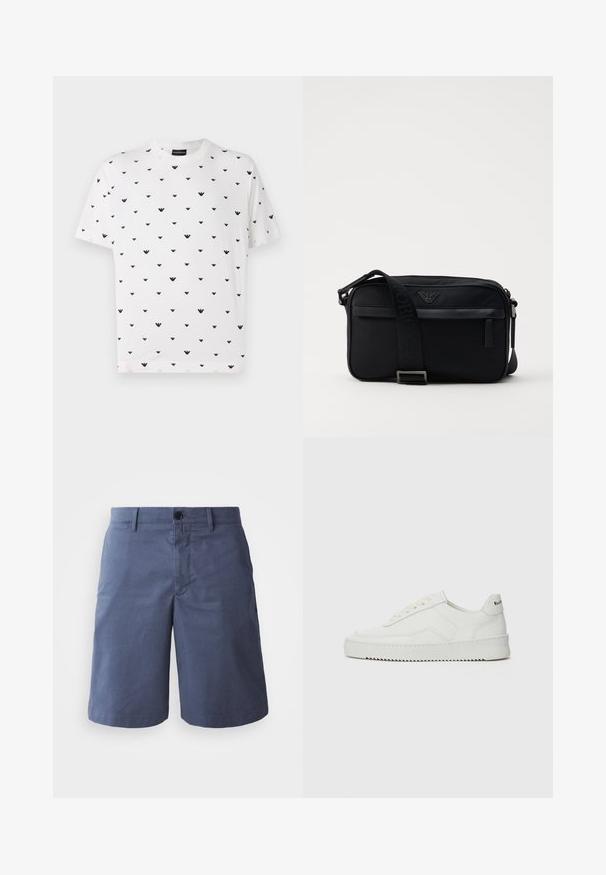 Witte korte mouwen t-shirt met een herhaald zwart V-vormig patroon, gemaakt van zachte katoen met een ontspannen snit en ronde halslijn.; Marineblauwe katoenen shorts met een plat front, enkele knoopsluiting, twee zijzakken en een recht gesneden pijp. Glad textuur, geen zichtbare patronen.; Witte leren sneaker met een gladde afwerking, ronde neus, platte veters en een gestructureerde zool. Kenmerkt zich door een subtiel logo op de hiel.; Zwarte nylon schoudertas met een contrasterende schouderband, een slank rechthoekig ontwerp, een logo-detail en een ritszak aan de voorkant.