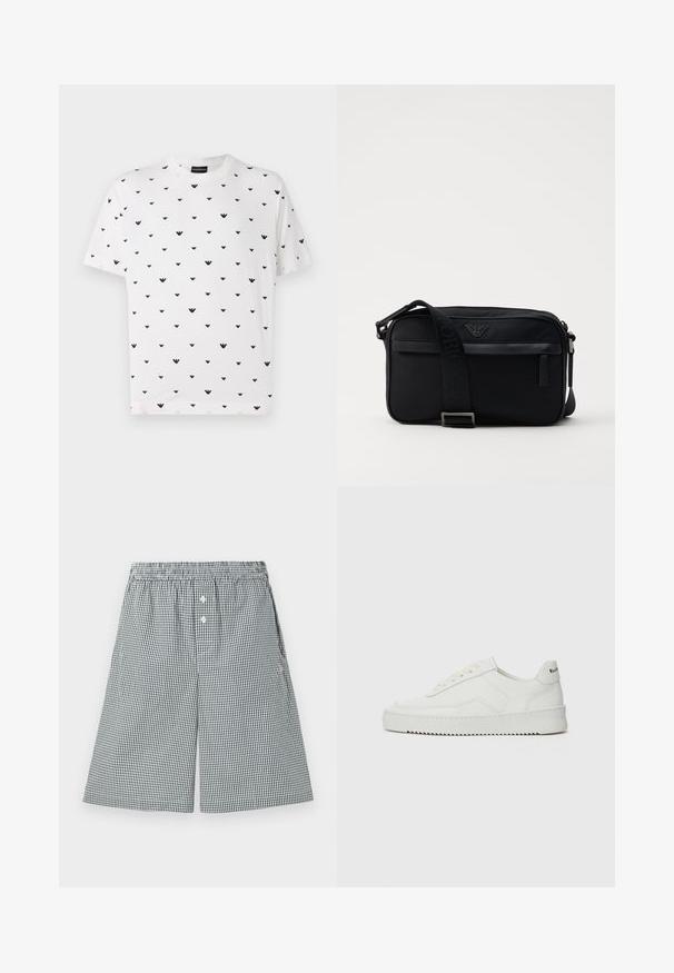 T-shirt de manga curta branca com um padrão em forma de V repetido em preto, feita de algodão macio, com um corte descontraído e decote redondo.; Calções em padrão gingham preta e branca feitos de tecido leve. Apresentam uma cintura elástica e detalhes em botão na parte da frente.; Sapatilha de couro branco com acabamento suave, bico redondo, atacadores planos e uma sola texturizada. Apresenta um logotipo discreto no calcanhar.; Carteira de ombro em nylon preto com uma alça contrastante, formato retangular elegante, detalhe do logótipo e um bolso com fecho na parte da frente.