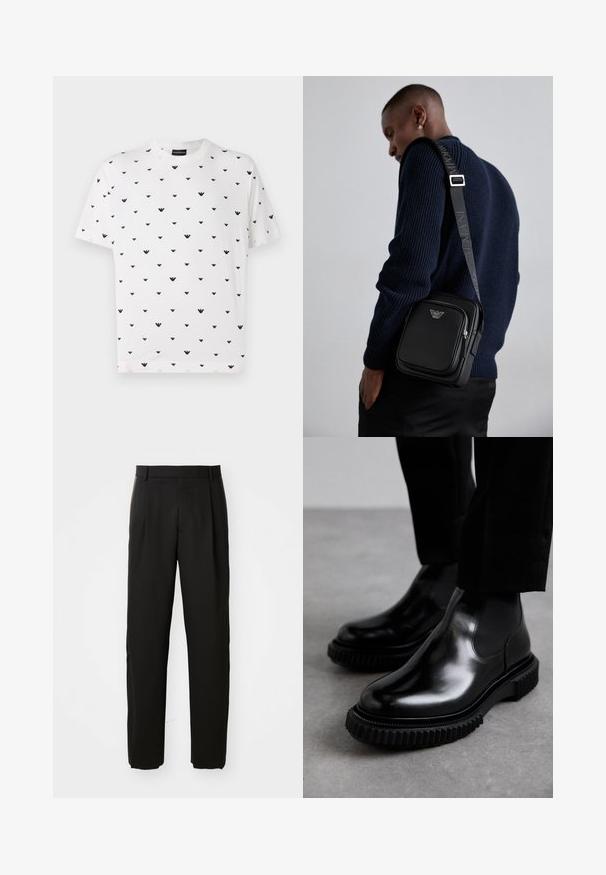 Camiseta de manga corta blanca con un patrón en forma de V negra repetido, hecha de algodón suave, con un corte relajado y escote redondo.; Pantalones negros ajustados con un diseño de corte recto, que presentan un frente plano y una textura de tejido suave.; Botas Chelsea de cuero negro con un acabado suave, paneles laterales elásticos y una suela de goma gruesa y texturizada que presenta un patrón de banda de rodadura resistente.; Bolso cruzado de cuero negro con un compartimento con cremallera, detalle de logo y una correa ajustable de marca. Llevado sobre un suéter de punto azul marino.