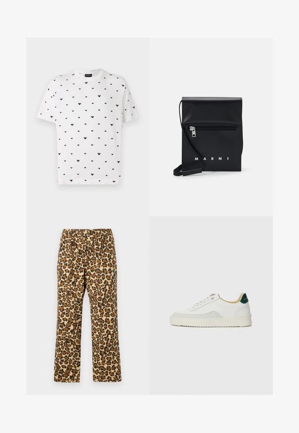 Hvid t-shirt med korte ærmer, der har et gentaget sort V-formet mønster. T-shirten er lavet af blød bomuld med en afslappet pasform og rund halsudskæring.; Leopardmønstret bukser i tan, brun og sort. Har en elastisk talje og en afslappet, lige pasform. Letvægtsstof.; Hvide sneakers med ruskindsdetaljer, rund tå, flade snørebånd og en cremet gummisål. Har grøn branding på hælen.; Sort læder crossbody taske med en lynlåslomme foran, præget logo og justerbar rem. Glat tekstur med en struktureret form.