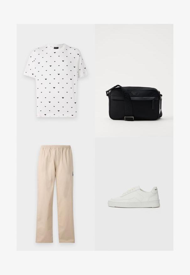 Hvit t-skjorte med korte ermer som har et gjentatt svart V-formet mønster, laget av myk bomull med løs passform og rund hals.; Beige, lette, vevde bukser med elastisk midje. Har rette ben og en liten brodert logo detalj på siden.; Hvite lærersneakers med en jevn overflate, rund tå, flate lisser og en teksturert såle. Har en subtil logo på hælen.; Svart nylon skulderveske med en kontrasterende stropp, slank rektangulær form, logo-detalj og en glidelåslomme på forsiden.
