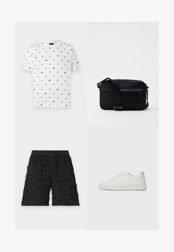 T-shirt blanc à manches courtes présentant un motif en V noir répété, fabriqué en coton doux avec une coupe décontractée et un col rond.; Shorts noirs avec une taille élastique, ornés de motifs circulaires texturés et de broderies, créant un effet tridimensionnel.; Baskets en cuir blanc avec une finition lisse, bout arrondi, lacets plats et semelle texturée. Présente un logo discret sur le talon.; Sac à bandoulière en nylon noir avec une sangle contrastante, une forme rectangulaire élégante, un détail de logo et une poche zippée à l'avant.