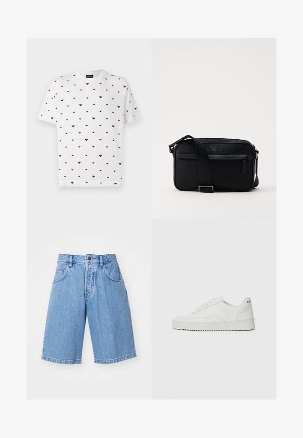 T-shirt de manga curta branca com um padrão em forma de V repetido em preto, feita de algodão macio, com um corte descontraído e decote redondo.; Calções de ganga azul-claro com corte reto, dois bolsos frontais e fecho com um único botão na cintura. Textura limpa e uniforme.; Sapatilha de couro branco com acabamento suave, bico redondo, atacadores planos e uma sola texturizada. Apresenta um logotipo discreto no calcanhar.; Carteira de ombro em nylon preto com uma alça contrastante, formato retangular elegante, detalhe do logótipo e um bolso com fecho na parte da frente.