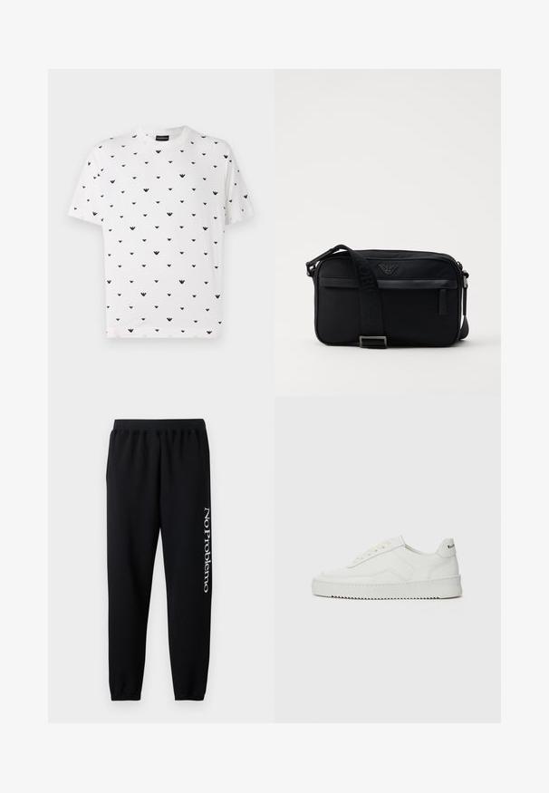 White short-sleeve t-shirt featuring a repeated black V-shaped pattern, made of soft cotton with a relaxed fit and round neckline.; Black sweatpants with an elastic waistband, tapered ankles, and white "No Problemo" text printed on the left leg. Soft cotton material.; White leather sneaker with a smooth finish, round toe, flat laces, and a textured sole. Features a subtle logo on the heel.; Black nylon shoulder bag featuring a contrasting strap, sleek rectangular shape, logo detail, and a zipper pocket on the front.