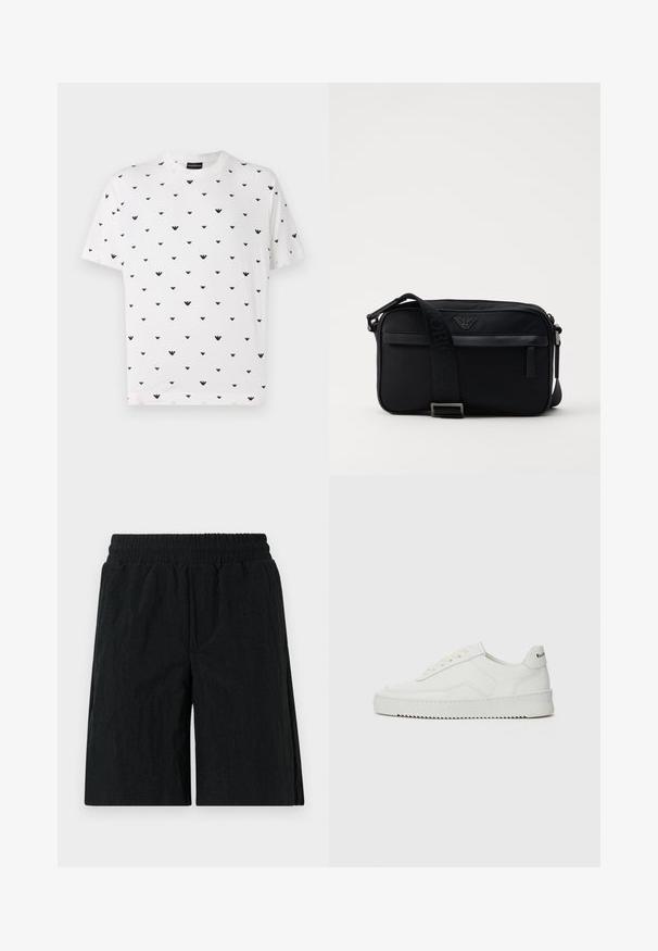 Weißes Kurzarm-T-Shirt mit einem wiederholten schwarzen V-förmigen Muster, aus weicher Baumwolle, mit entspannter Passform und rundem Ausschnitt.; Schwarze Shorts mit elastischem Bund, aus strukturiertem Stoff, knielang und mit Seitentaschen.; Weiße Ledersneaker mit glatter Oberfläche, runder Zehenpartie, flachen Schnürsenkeln und strukturiertem Sohlenprofil. Mit einem dezenten Logo an der Ferse.; Schwarze Nylon-Schultertasche mit einem kontrastierenden Riemen, schlanker rechteckiger Form, Logo-Detail und einer Reißverschlusstasche auf der Vorderseite.