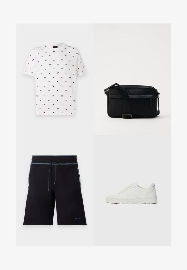 Valkoinen lyhythihainen t-paita, jossa on toistuva musta V-muotoinen kuvio. Valmistettu pehmeästä puuvillasta, jossa on rento istuvuus ja pyöreä pääntie.; Mustat sortsit, joissa on nauhavyötärö, siniset korostuksen reunassa, valmistettu pehmeästä materiaalista. Logo brodeerattu alahelmaan.; Valkoinen nahkakenkä, jossa on sileä pinta, pyöreä kärki, tasaiset nauhat ja teksturoitu pohja. Sisältää huomaamattoman logon kantapäässä.; Musta nailoninen olkalaukku, jossa on kontrastivärinen hihna, tyylikkään suorakulmainen muoto, logotieto ja vetoketjullinen tasku edessä.