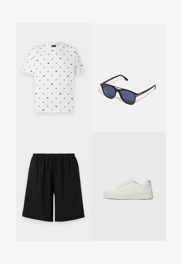 Bílá krátká rukávová tričko s opakujícím se černým V-šikmým vzorem, vyrobená z měkké bavlny, s volným střihem a kulatým výstřihem.; Černé sportovní šortky vyrobené z lehkého materiálu. Mají elastický pas a volný střih bez kapes.; Bílé kožené tenisky s hladkým povrchem, kulatou špičkou, plochými tkaničkami a texturovanou podrážkou. Na patě se nachází nenápadné logo.; Sluneční brýle s černým plastovým rámem, modrými tónovanými skly, mírně zaobleným tvarem a stříbrnými kovovými akcenty na spáncích.