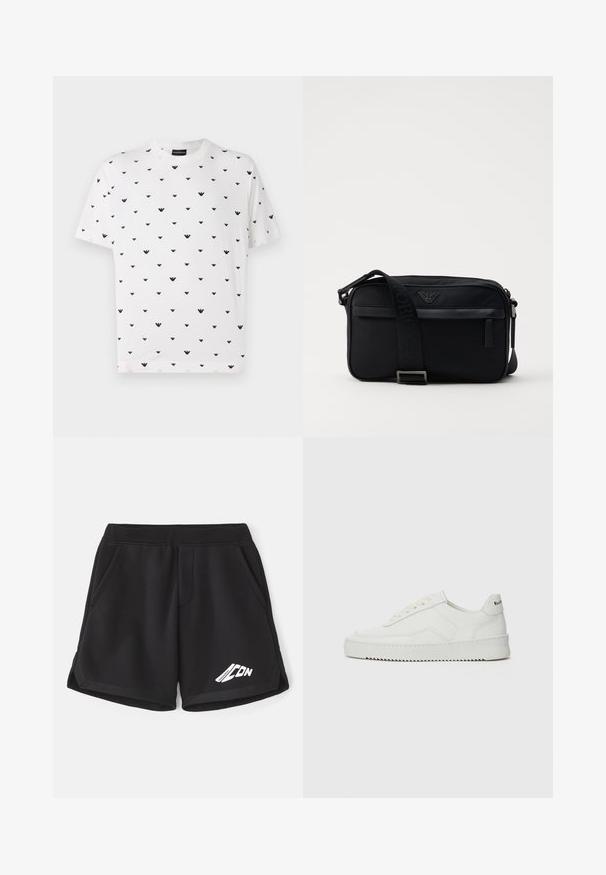 Hvid t-shirt med korte ærmer, der har et gentaget sort V-formet mønster. T-shirten er lavet af blød bomuld med en afslappet pasform og rund halsudskæring.; Sorte atletiske shorts lavet af blødt stof med elastisk talje. Med sidelommer og et hvidt logo foran.; Hvide lædersneakers med en glat overflade, rund tå, flade snørebånd og en tekstureret sål. Har et diskret logo på hælen.; Sorte nylon skuldertaske med en kontrasterende rem, slank rektangulær form, logo detaljer og en lynlåslomme på forsiden.