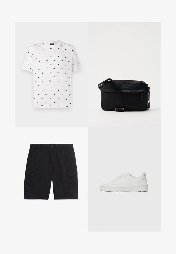 Camiseta de manga corta blanca con un patrón en forma de V negra repetido, hecha de algodón suave, con un corte relajado y escote redondo.; Pantalones cortos cargo negros con botón y cremallera delanteros, dos bolsillos laterales, dos bolsillos cargo con solapa y presillas para cinturón.; Zapatilla de cuero blanca con un acabado suave, puntera redonda, cordones planos y suela texturizada. Cuenta con un sutil logo en el talón.; Bolso de hombro negro de nailon con una correa de contraste, forma rectangular elegante, detalle del logo y un bolsillo con cremallera en la parte frontal.