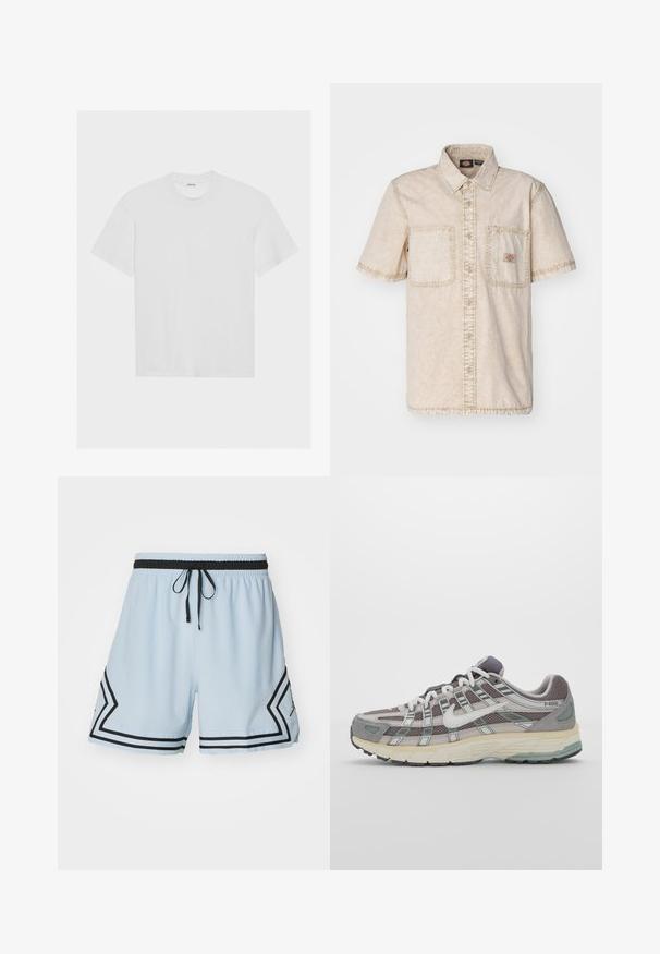 T-shirt de algodão branco com mangas curtas, decote redondo e um corte relaxado. Textura suave e sem padrões ou detalhes visíveis.; Camisa de manga curta bege com fecho de botões à frente, dois bolsos no peito, detalhes de costura visíveis e um colarinho clássico.; Jordan M J DF SPRT WVN DMND - Calções desportivos - celestine blue/black; Sapatilha atlética cinza com parte superior em malha e camurça, detalhes brancos, sola acolchoada e um design distinto com elementos refletivos.