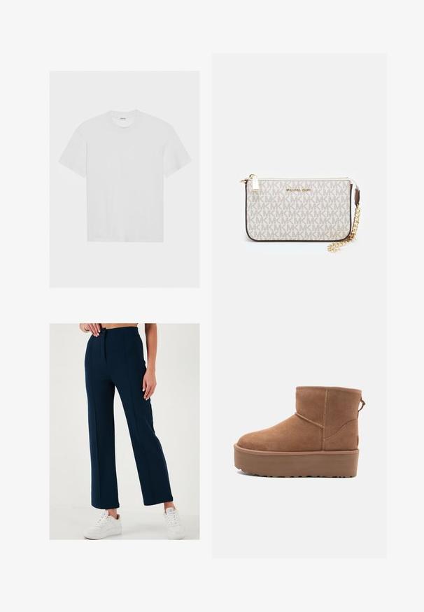 Vit bomulls t-shirt med korta ärmar, rund halsringning och avslappnad passform. Slät textur och inga synliga mönster eller detaljer.; Marinblå vida byxor med en slät textur, framknäppning med knapp och två sidofickor, kombinerat med vita sneakers.; Tan mockasköna med plattformssula, rund tå och broderade detaljer; har en dragflik baktill för enkel påtagning.; Michael Kors handledos i beige belagd kanvas med ett upprepande MK-logomönster, gyllene detaljer och ett avtagbart kedjehandtag.