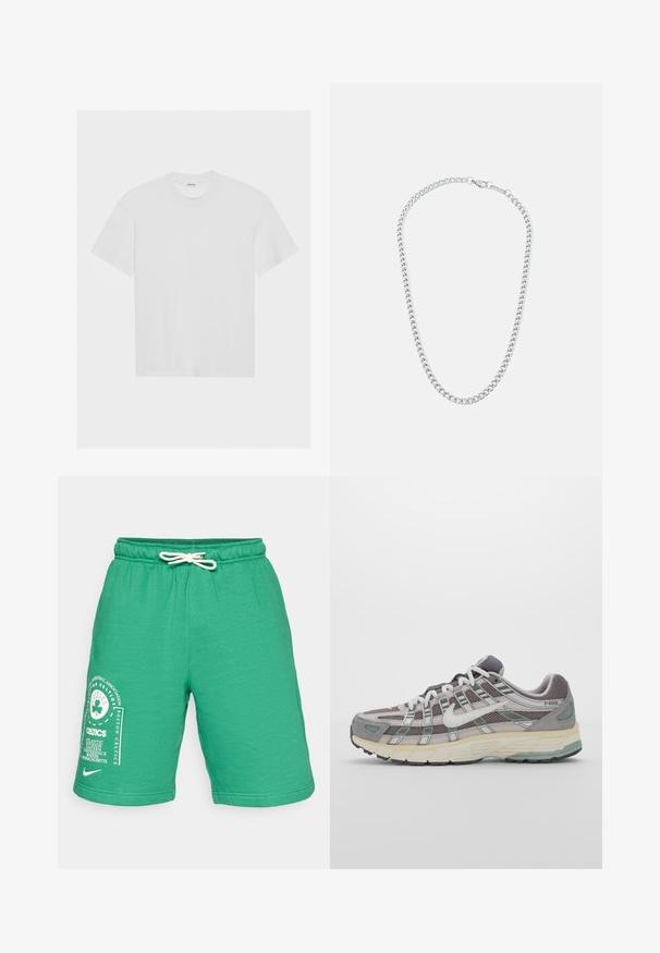 Bílý bavlněný tričko s krátkými rukávy, kulatým výstřihem a volným střihem. Hladká textura a žádné viditelné vzory ani akcenty.; Zelené bavlněné šortky se směsí materiálů, s elastickým pasem a šňůrkou na stažení. Na levé nohavici se nachází bílý grafický motiv Boston Celtics.; Šedá sportovní obuv s vrchní částí z mikrovlákna a semiše, bílými akcenty, polstrovanou podrážkou a jedinečným designem s reflexními prvky.; Stříbrný kovový řetízek na krk s proplétajícími se články a bezpečným zapínáním, hladký povrch, rovnoměrné zpracování a klasický design.