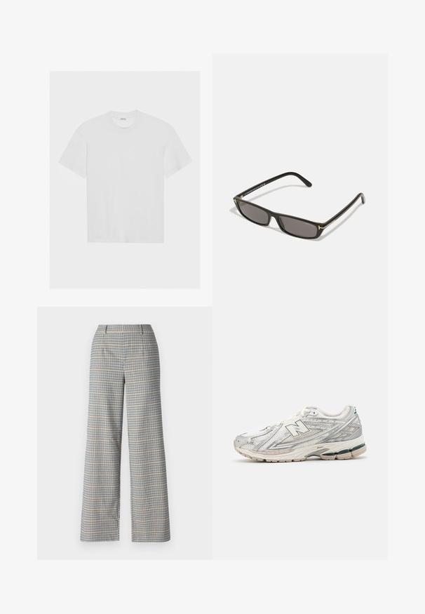 Vit bomulls t-shirt med korta ärmar, rund halsringning och avslappnad passform. Slät textur och inga synliga mönster eller detaljer.; Vida byxor med vida ben i beige, marinblå och svart rutig mönster. Har två framfickor och ett glatt, strukturerat tyg.; Löparskon har en silver- och vit mesh-överdel med en grön detalj. Sulan är tjock och texturerad, utformad för dämpning och stöd.; Svarta rektangulära solglasögon med mörka linser. Plastbåge med matt yta. Guld accenter på bågarna och logotyp.; Brun läderplånbok med en mönstrad tygframsida. Har en guldfärgad rund låsning och en kedjeslits, slät textur och rundade kanter.