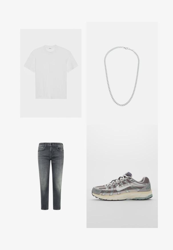 Bela pamukasta majica kratkih rukava, okruglog izreza i ležernog kroja. Glatka tekstura bez vidljivih uzoraka ili naglasaka.; Sive traperice s ravnim krojem; imaju pet džepova, suptilno iznošenje i izblijeđeni izgled. Zatvaranje uključuje dugme i patentni zatvarač.; Siva sportska tenisica s gornjim dijelom od mrežaste tkanine i zamshta, bijelim detaljima, amortizirajućom potplatom i prepoznatljivim dizajnom s refleksivnim elementima.; Srebrna metalna ogrlica s lancem koja sadrži međusobno povezane karike i sigurno zaključavanje, glatku teksturu, ravnomjerno završnu obradu i klasičan dizajn.