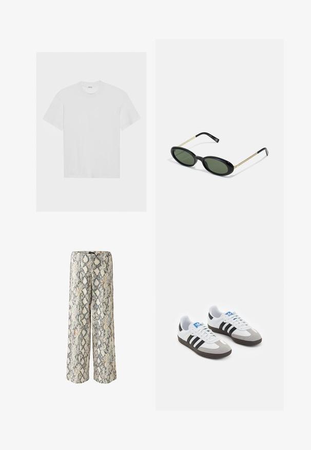 T-shirt en coton blanc à manches courtes, col rond et coupe décontractée. Texture lisse et sans motifs ni accents visibles.; Pantalons larges en imprimé serpent avec une base beige clair, présentant des nuances de noir, de gris et des touches subtiles d'orange, accompagnés d'accents latéraux.; Baskets avec une tige en cuir blanc, un bout en daim gris et trois bandes noires. Présente un logo bleu sur la languette et une semelle en caoutchouc texturée.; Lunettes de soleil en forme ovale avec des verres verts, une monture en plastique noir et des branches en métal doré fines. Présente un design minimaliste avec une texture lisse.; Sac cabas en cuir noir tissé avec une forme décontractée et une large bandoulière. Caractéristiques d'un design texturé et entrelacé avec une finition lisse.
