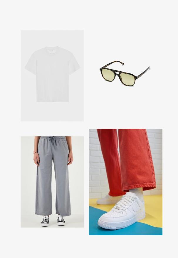 Weißes Baumwoll-T-Shirt mit kurzen Ärmeln, Rundhalsausschnitt und lässiger Passform. Glatte Textur und keine sichtbaren Muster oder Akzente.; Weite graue Hosen mit einem Kordelzugbund und fransigem Saum, aus einem leichten Stoff gefertigt. Kombiniert mit schwarz-weißen Sneakers.; Weiße Leder-Sneaker mit perforiertem Zehenbereich, strukturiertem Sohlen und weißen Schnürsenkeln, kombiniert mit weiten roten Hosen und einem blauen und gelben Hintergrund.; Schildkrötensonnenbrille mit rechteckiger Form, grün getönten Gläsern und gemusterten Acetatrahmen. Verfügt über metalliche Akzente in der Nähe der Gläser.