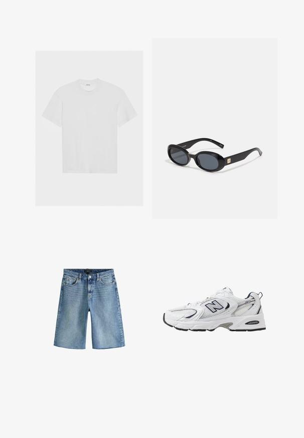 Witte katoenen t-shirt met korte mouwen, ronde hals en een losse pasvorm. Glad textuur en geen zichtbare patronen of accenten.; Next REGULAR FIT - Jeansshort - dark blue; Witte sport schoen met mesh bovenkant, marineblauwe accenten en een gehoorzaamde zool. Bevat het "N" logo, veters en een gestructureerde detail aan de zijkant.; Zwarte ovale zonnebril met donkere lenzen, glanzend kunststof frame, brede zijkanten en een kleine gouden accent aan de zijkant.; Zwarte lederen handtas met gevlochten handvatten, ritsvak en hangende franjes. Gelaagde oppervlakte met metalen studs en hardwareaccenten.