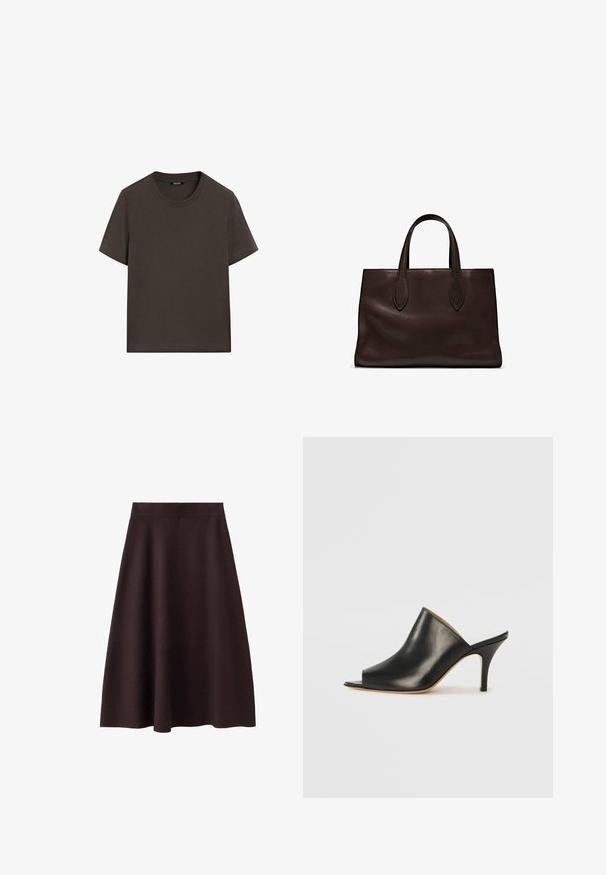 Dunkelbraunes T-Shirt mit kurzen Ärmeln aus Baumwolle. Verfügt über einen runden Halsausschnitt und eine lockere Passform, ohne sichtbare Muster oder Akzente.; Dunkelbrauner, knielanger A-Linien-Rock mit glatter Textur und einem enganliegenden Taillenbund. Keine sichtbaren Muster oder Verzierungen. Schlichtes Design.; Schwarze Leder- offene Zehen-Mules mit einem eleganten, geschwungenen Design, hohem Stiletto-Absatz und glatter Textur. Das Innere weist eine kontrastierende hellere Farbe auf.; Braune Ledertasche mit zwei langen Griffen, strukturierte rechteckige Form, glatte Textur und dezente Nähdetails.