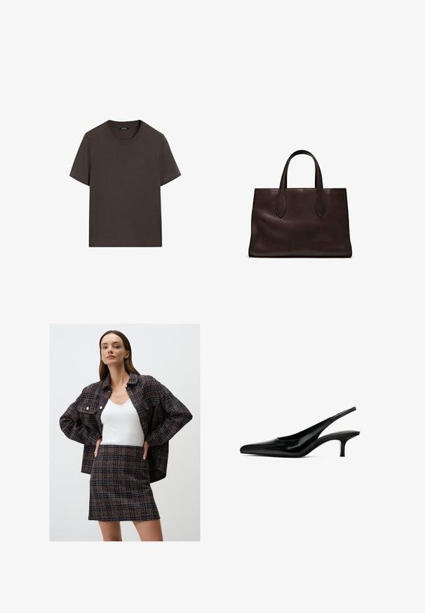 Czarnobrązowa, krótki rękaw, bawełniana koszulka. Posiada okrągły dekolt i luźny krój, bez widocznych wzorów lub akcentów.; Teksturowana granatowa kurtka z pomarańczowymi akcentami, biała bluzka na ramiączkach oraz pasująca teksturowana mini spódnica. Kurtka ma guziki i luźny krój.; Czarne buty slingback z czubkiem w kształcie spiczastym, wykonane z błyszczącej skóry, z cienkim, niskim obcasem. Posiadają wycięcie po bokach dla lepszej wentylacji.; Brązowa skórzana torba tote z dwoma wydłużonymi uchwytami, usztywnionym prostokątnym kształtem, gładką teksturą i subtelnymi detalami przeszycia.