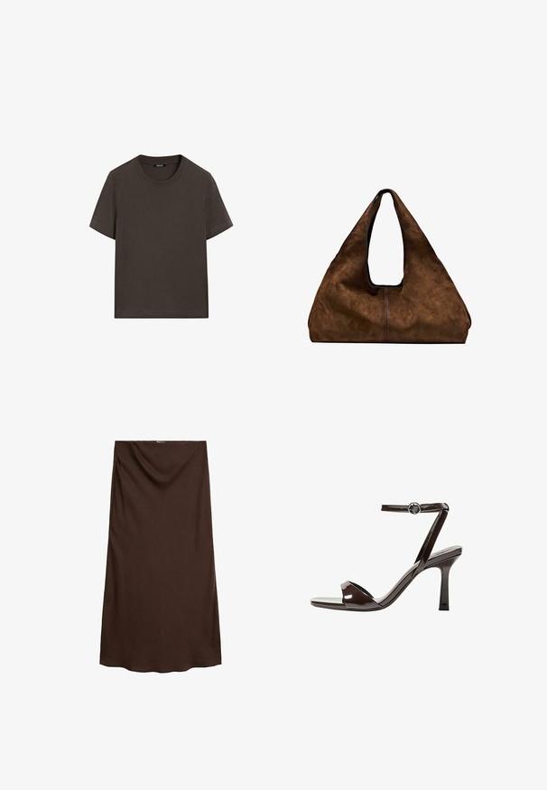 Mørkebrun kortærmet t-shirt lavet af bomuld. Har en rund halsudskæring og en afslappet pasform, uden synlige mønstre eller detaljer.; Brun knælang nederdel lavet af glat stof med et draperet design ved taljen. Har en lige pasform og blød tekstur.; Brune patentlæder højhælede sandal med ankelrem, åben tå og et elegant, minimalistisk design. Udstyret med en firkantet hæl.; Brun ruskind skuldertaske med åben top. Har en dyb, bred form, udskåret håndtag og minimal syning for et rent design.