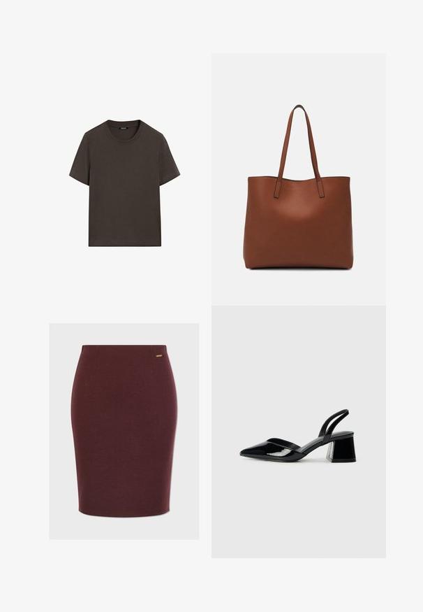 Donkerbruin T-shirt met korte mouwen, gemaakt van katoen. Heeft een ronde halslijn en een ontspannen pasvorm, zonder zichtbare patronen of accenten.; Bordeaux pencilrok in een gladde stof, met een op maat gemaakt ontwerp, subtiele zijkuiten en een klein metalen logo-accent.; Zwarte gepatineerde leren slingback hakken met een spitse neus en een geometrische blokhak. Kenmerkt zich door een slank, minimalistisch ontwerp en een gladde textuur.; Bruine leren tote bag met een gladde textuur, een ontwerp met een open bovenkant en twee schouderbanden. Kenmerkt zich door minimale stiksels en geen zichtbare hardware.