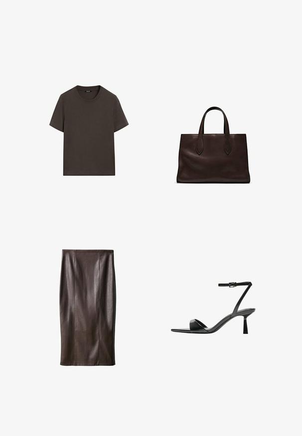 T-shirt à manches courtes marron foncé en coton. Il possède un col rond et une coupe décontractée, sans motifs ni accents visibles.; Jupe crayon en cuir marron avec une texture lisse, longueur genoux, présentant des coutures verticales pour le design. Pas de quincaillerie ni d'accents supplémentaires.; Bershka Sandales à talons hauts - black; Sac tote en cuir marron avec deux poignées allongées, forme rectangulaire structurée, texture lisse et détails de couture subtils.