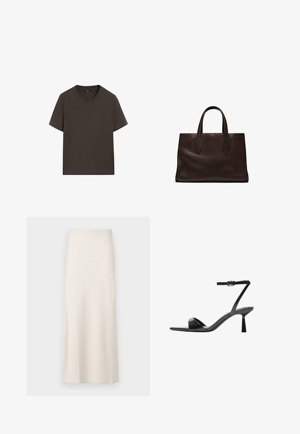 T-shirt corto marrone scuro in cotone. Presenta un collo tondo e una vestibilità comoda, senza motivi o accenti visibili.; Gonna midi di colore crema, con una superficie liscia e satinata e una vestibilità dritta. Nessun motivo visibile o decorazioni.; Bershka Sandali con tacco - black; Borsa a spalla in pelle marrone con due manici lunghi, forma rettangolare strutturata, texture liscia e dettagli di cucitura sottili.