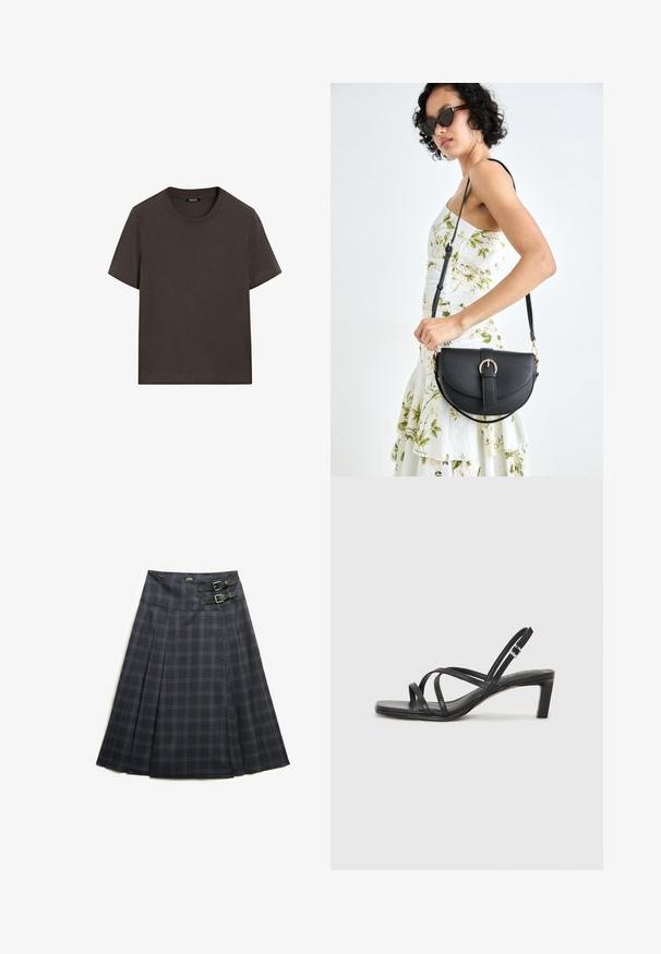 Dunkelbraunes T-Shirt mit kurzen Ärmeln aus Baumwolle. Verfügt über einen runden Halsausschnitt und eine lockere Passform, ohne sichtbare Muster oder Akzente.; Faltenrock in knielanger Form aus dunkelgrauem Stoff mit blauem Karomuster, ausgestattet mit zwei schwarzen Schnallen an der Taille zur Anpassung und flachem Bund.; Schwarze Sandale mit Riemchen, quadratischer Zehenform und niedrigem Blockabsatz. Verfügt über mehrere dünne Riemen und einen verstellbaren Knöchelriemen. Hergestellt aus glattem Leder.; Schwarze Lederhandtasche mit geschwungener Form, abnehmbarem Tragegurt und goldenen Beschlägen. Die Tasche verfügt über einen Deckel mit einer Schnallen-Details.