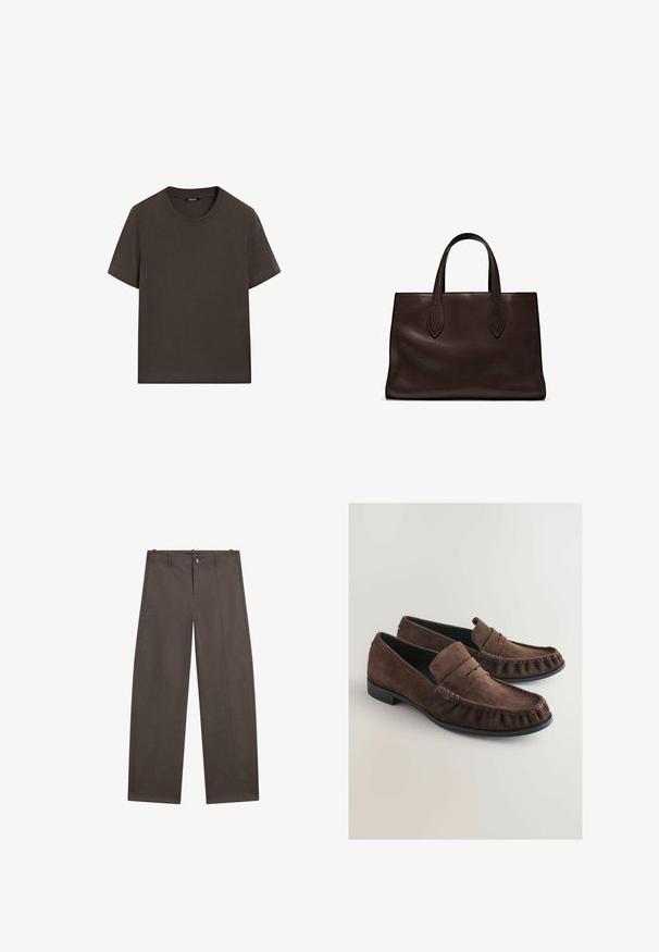 Mørkebrun kortærmet t-shirt lavet af bomuld. Har en rund halsudskæring og en afslappet pasform, uden synlige mønstre eller detaljer.; Bredde bukser i mørkebrun stof. Har knaplukning, to frontlommer og en glat tekstur med rene sømme.; Brune ruskinds loafers med en blød tekstur, mokkasin-agtig syning og en afrundet tå. Sort gummisål og en foldet læderkant detalje.; Brun læder tote bag med to forlængede håndtag, struktureret rektangulær form, glat overflade og subtile syninger.