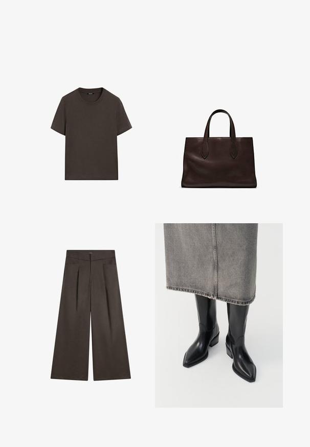 Dark brown short-sleeve t-shirt made of cotton. Features a round neckline and a relaxed fit, with no visible patterns or accents.; Wide-legged trousers in dark brown fabric, featuring a flat front, two side pockets, and a smooth texture with a tailored silhouette.; Black leather cowboy boots with a pointed toe and chunky heel, featuring a smooth finish and sleek design, paired with a grey skirt.; Brown leather tote bag with two elongated handles, structured rectangular shape, smooth texture, and subtle stitching details.