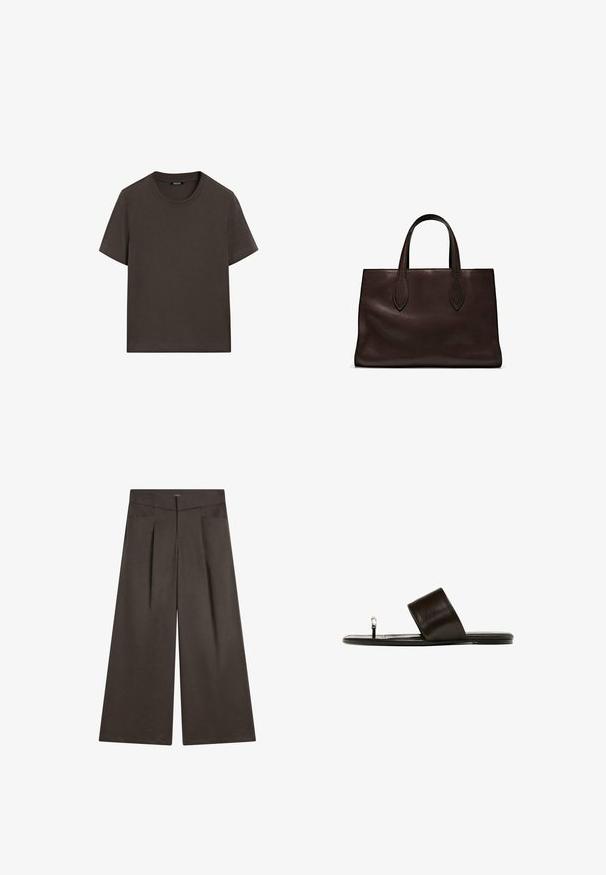Dark brown short-sleeve t-shirt made of cotton. Features a round neckline and a relaxed fit, with no visible patterns or accents.; Wide-legged trousers in dark brown fabric, featuring a flat front, two side pockets, and a smooth texture with a tailored silhouette.; Brown leather sandal with a wide strap and a toe ring. Flat sole with subtle texture and a smooth finish, featuring minimalistic design accents.; Brown leather tote bag with two elongated handles, structured rectangular shape, smooth texture, and subtle stitching details.