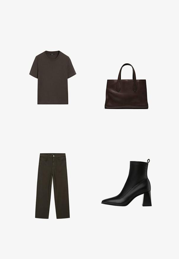 T-shirt corto marrone scuro in cotone. Presenta un collo tondo e una vestibilità comoda, senza motivi o accenti visibili.; Jeans a gamba larga di colore verde scuro, realizzati in tessuto misto cotone, dotati di chiusura con bottone frontale, cinque tasche e cuciture classiche in denim.; Stradivarius STRETCH - Stivaletti - black; Borsa a spalla in pelle marrone con due manici lunghi, forma rettangolare strutturata, texture liscia e dettagli di cucitura sottili.