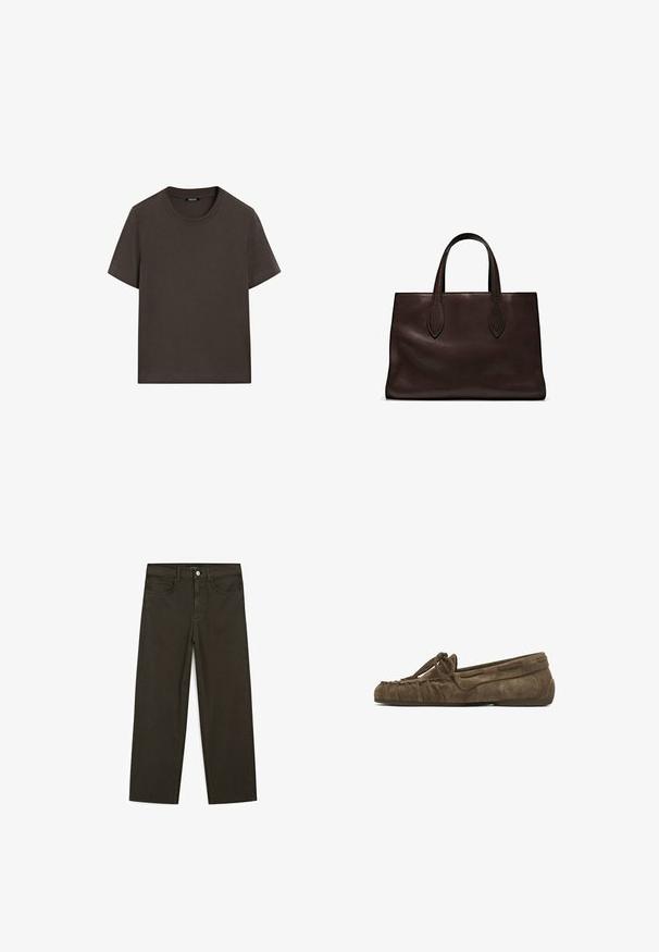 Dark brown short-sleeve t-shirt made of cotton. Features a round neckline and a relaxed fit, with no visible patterns or accents.; Dark green wide-leg jeans made of cotton blend, featuring a front button closure, five pockets, and classic denim stitching.; Suede loafers in dark brown with a gathered design, bow detail on the front, and a flat, rubber sole for comfort.; Brown leather tote bag with two elongated handles, structured rectangular shape, smooth texture, and subtle stitching details.