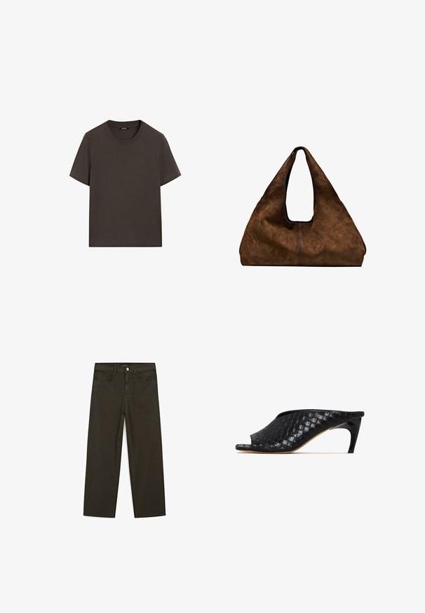 Dunkelbraunes T-Shirt mit kurzen Ärmeln aus Baumwolle. Verfügt über einen runden Halsausschnitt und eine lockere Passform, ohne sichtbare Muster oder Akzente.; Dunkelgrüne Jeans im weit geschnittenen Style, hergestellt aus einem Baumwollgemisch. Sie verfügen über einen Frontknopfverschluss, fünf Taschen und klassische Denim-Nähte.; Schwarze, geflochtene Mules mit offenen Zehen und einem eleganten, geschwungenen Absatz. Das Material hat eine glatte Optik und weist ein strukturiertes, kariertes Muster auf.; Braune Wildleder-Schultertasche mit offenem Oberteil. Sie verfügt über einen tiefen, breiten Körper, einen ausgeschnittenen Griff und minimale Nähte für ein sauberes Design.