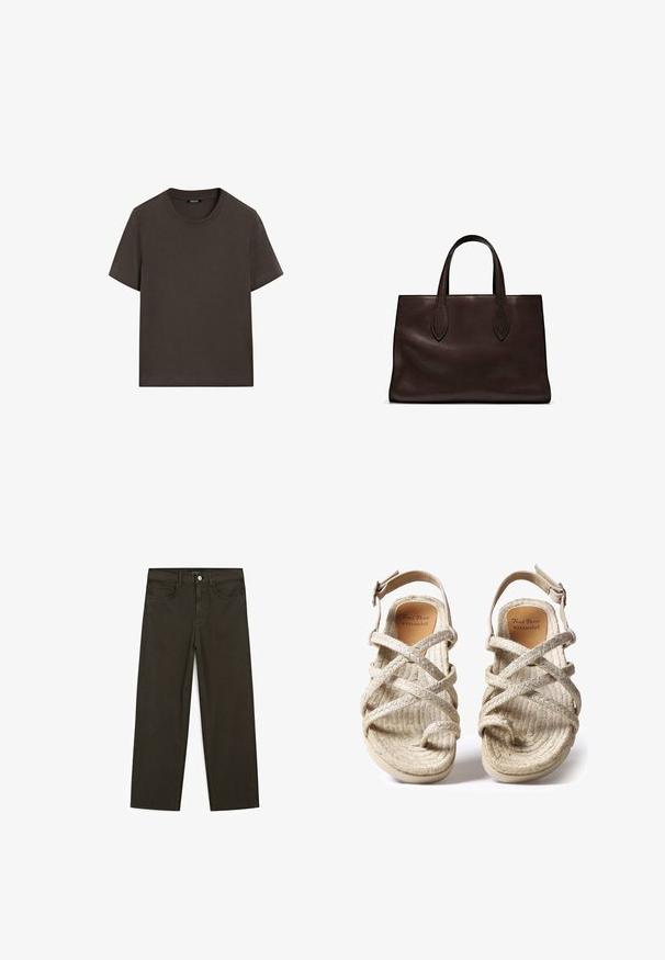 Dunkelbraunes T-Shirt mit kurzen Ärmeln aus Baumwolle. Verfügt über einen runden Halsausschnitt und eine lockere Passform, ohne sichtbare Muster oder Akzente.; Dunkelgrüne Jeans im weit geschnittenen Style, hergestellt aus einem Baumwollgemisch. Sie verfügen über einen Frontknopfverschluss, fünf Taschen und klassische Denim-Nähte.; Beige gewebte Sandalen mit Kreuzbanddesign, aus strukturierten Naturfasern gefertigt, mit flachem Fußbett und verstellbarem Knöchelriemen.; Braune Ledertasche mit zwei langen Griffen, strukturierte rechteckige Form, glatte Textur und dezente Nähdetails.