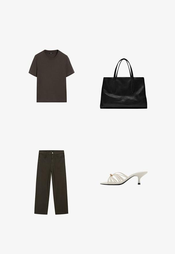 Czarnobrązowa, krótki rękaw, bawełniana koszulka. Posiada okrągły dekolt i luźny krój, bez widocznych wzorów lub akcentów.; Ciemnozielone spodnie dżinsowe typu wide-leg wykonane z mieszanki bawełny, z zamkiem na guzik z przodu, pięcioma kieszeniami i klasycznym przeszyciem dżinsowym.; Białe sandały na obcasie z paskami o zakrzywionym kształcie, z złotym akcentem i czarną podeszwą. Gładka tekstura i otwarty czubek.; Czarna skórzana torba typu tote z dwoma wydłużonymi uchwytami, o wyraźnej formie, gładkiej fakturze i minimalistycznym designie. Brak widocznych dodatków ani ozdób.