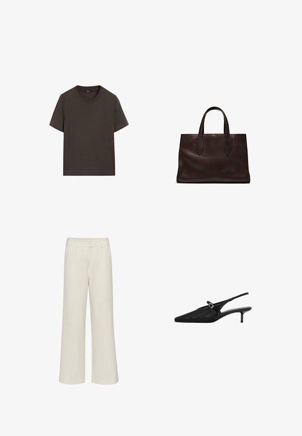 Czarnobrązowa, krótki rękaw, bawełniana koszulka. Posiada okrągły dekolt i luźny krój, bez widocznych wzorów lub akcentów.; Spodnie o szerokich nogawkach w kremowym kolorze z delikatnymi pionowymi paskami, z płaskim pasem i pętelkami na pasek. Gładka tekstura bez kieszeni.; Czarne szpilki typu slingback z ostro zakończonym noskiem, teksturowaną siateczką na cholewce, smukłym regulowanym paskiem z srebrną klamrą oraz 5 cm obcasami typu stiletto.; Brązowa skórzana torba tote z dwoma wydłużonymi uchwytami, usztywnionym prostokątnym kształtem, gładką teksturą i subtelnymi detalami przeszycia.