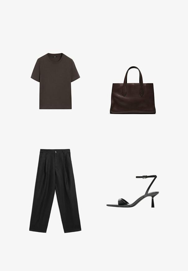 Mörkbrun t-shirt med kort ärm tillverkad av bomull. Har en rund halsringning och en avslappnad passform, utan synliga mönster eller dekorationer.; Svarta linbyxor med vid bendesign, framfickor, knappstängning och sidofickor för funktionalitet.; Bershka Sandaletter - black; Brun läder tote-väska med två avlånga handtag, strukturerad rektangulär form, slät textur och subtila sömdetaljer.