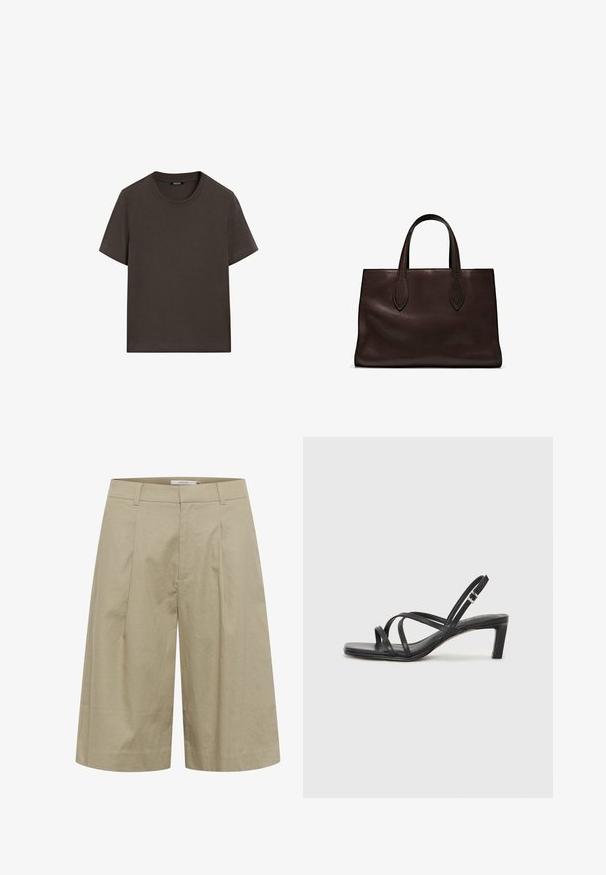 Czarnobrązowa, krótki rękaw, bawełniana koszulka. Posiada okrągły dekolt i luźny krój, bez widocznych wzorów lub akcentów.; Beżowe lniane kuloty o szerokich nogawkach, z plisami z przodu i gładką fakturą. Pas jest płaski, bez widocznych zapięć.; Czarne sandały na obcasie z prostokątnym noskiem i niskim słupkowym obcasem. Posiadają wiele cienkich pasków i regulowany pasek na kostkę. Wykonane z gładkiej skóry.; Brązowa skórzana torba tote z dwoma wydłużonymi uchwytami, usztywnionym prostokątnym kształtem, gładką teksturą i subtelnymi detalami przeszycia.