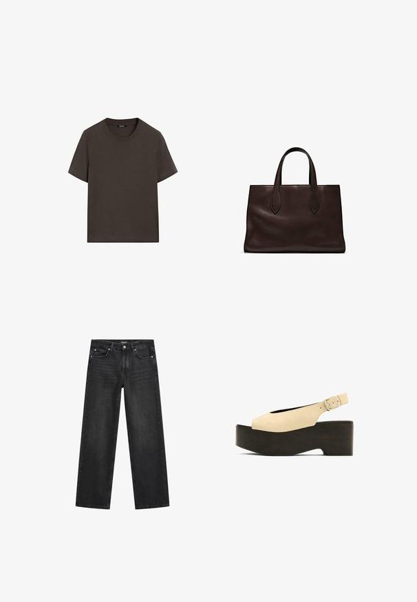 T-shirt corto marrone scuro in cotone. Presenta un collo tondo e una vestibilità comoda, senza motivi o accenti visibili.; Jeans a gamba larga in denim grigio scuro. Presentano cinque tasche, chiusura con bottone e lievi segni di usura lungo le cosce. Design classico.; Sandali platform in suede beige con punta aperta, design slingback e base scura simile al legno, dotati di una fibbia metallica per la regolazione.; Borsa a spalla in pelle marrone con due manici lunghi, forma rettangolare strutturata, texture liscia e dettagli di cucitura sottili.