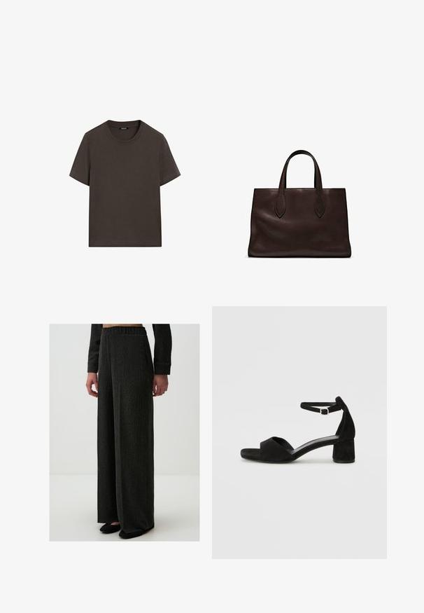 Dunkelbraunes T-Shirt mit kurzen Ärmeln aus Baumwolle. Verfügt über einen runden Halsausschnitt und eine lockere Passform, ohne sichtbare Muster oder Akzente.; Schwarze, gerippte, weite Beinkleider mit einem elastischen Bund und seitlichen Taschen, kombiniert mit flachen schwarzen Schuhen. Weiche Textur und entspannte Passform.; Schwarze Wildleder-Espadrilles mit einem dünnen Knöchelriemen, offener Zehenpartie und moderatem Blockabsatz. Glatte Textur und minimale Akzente.; Braune Ledertasche mit zwei langen Griffen, strukturierte rechteckige Form, glatte Textur und dezente Nähdetails.