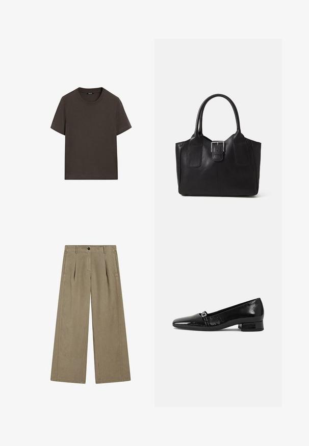Dunkelbraunes T-Shirt mit kurzen Ärmeln aus Baumwolle. Verfügt über einen runden Halsausschnitt und eine lockere Passform, ohne sichtbare Muster oder Akzente.; Helle taupeweite Hosen mit glatter Textur, vorne mit Bügelfalte, Gürtelschlaufen und einer Knopfverschluss am Bund.; Schwarze Lackleder-Ballettschuhe mit spitzem Zehenbereich, niedrigem quadratischem Absatz und einem kleinen metallischen Schnallenakzent am Riemen. Glatte Textur.; Schwarze Leder-Tote mit glatter Textur, strukturiertem Design, zwei Griffen und einem auffälligen silbernen Schnallen-Detail auf der Vorderseite.
