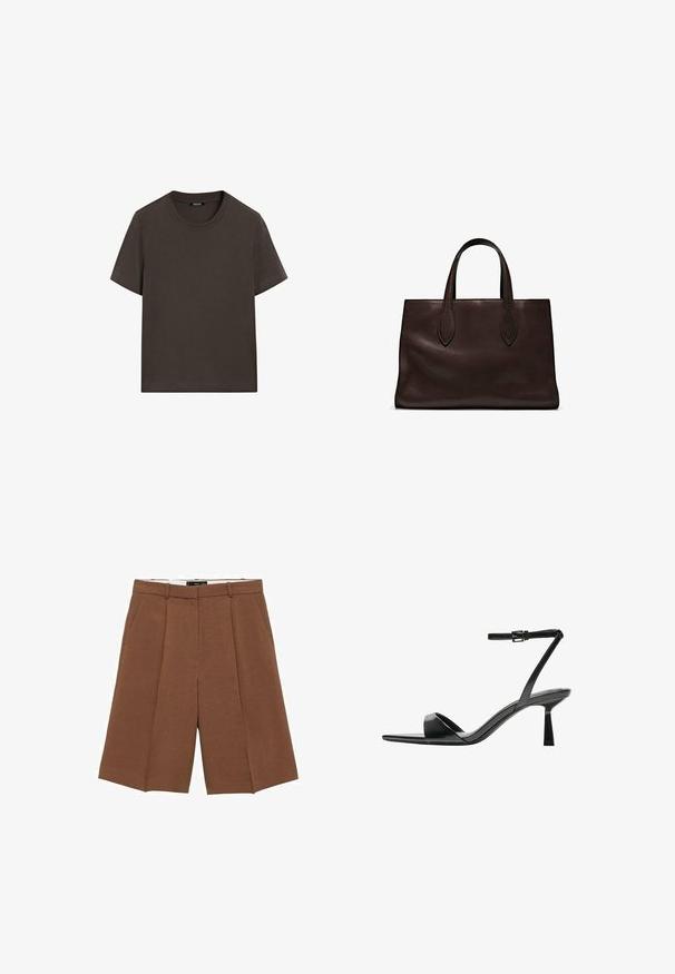 Mørkebrun kortærmet t-shirt lavet af bomuld. Har en rund halsudskæring og en afslappet pasform, uden synlige mønstre eller detaljer.; Brune skræddersyede shorts lavet af et blødt stof, med høj talje, flad front, to sidelommer og et løst, bredt ben-design.; Bershka Højhælede sandaletter / Højhælede sandaler - black; Brun læder tote bag med to forlængede håndtag, struktureret rektangulær form, glat overflade og subtile syninger.